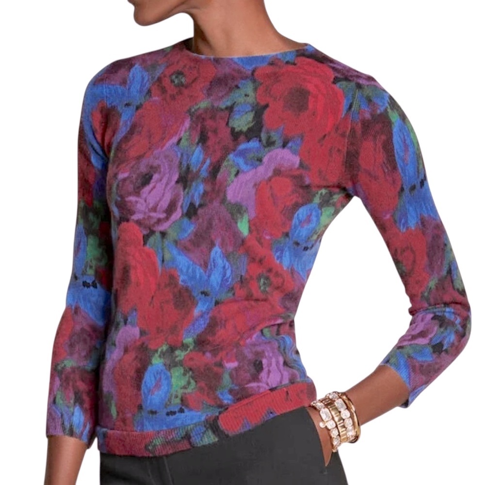 Talbots Floral Crew Neck Sweater - soft CASHMERE;cranberry red and Blue SZ:XSM